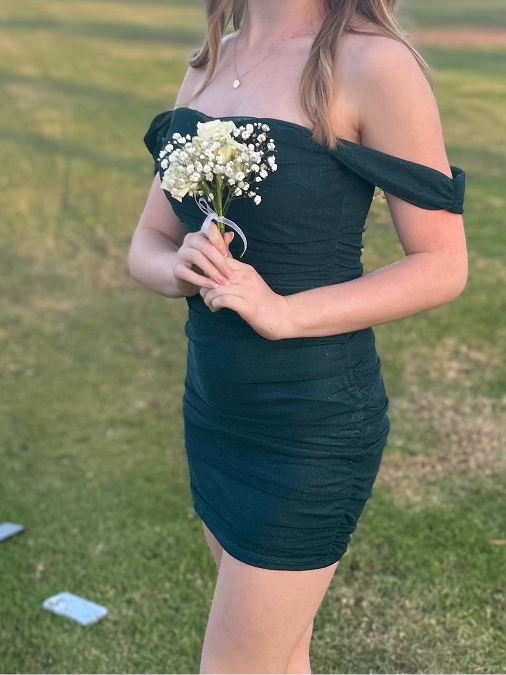 Windsor Dark Green Off-Shoulder Ruched Mini Dress